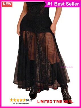 Plus Size Lace Mesh Sheer Flowy Maxi Skirt A-Line High Waist
